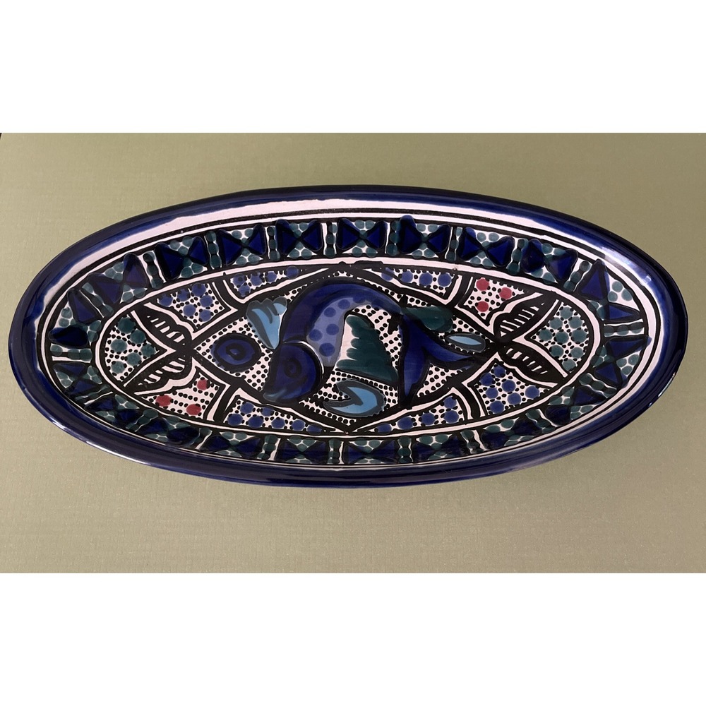 Vintage Tunisia Folk Art Pottery Oval Fish Dish Plate Trinket Tapas Serving Blue